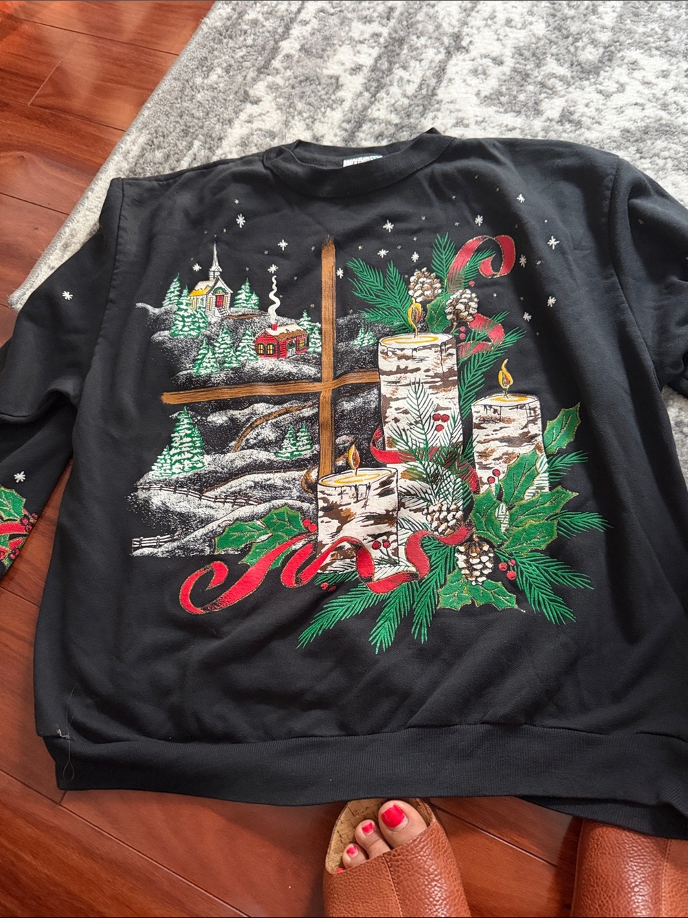 VTG 1990s Christmas Village Oversized Sweatshirt L Wear Puff Paint Glitter
